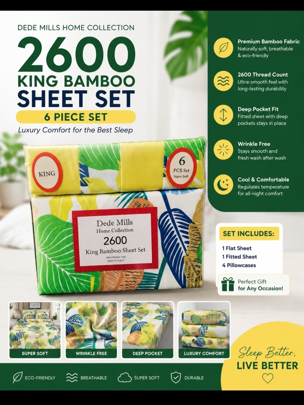 Dede Mills 2600 King Bamboo Sheet Set - Yellow & Green Tropical